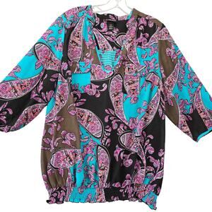Lane Bryant Black Blue Paisley Shirt Size 14 V-Neck 3/4 Sleeves Women Blouse Top